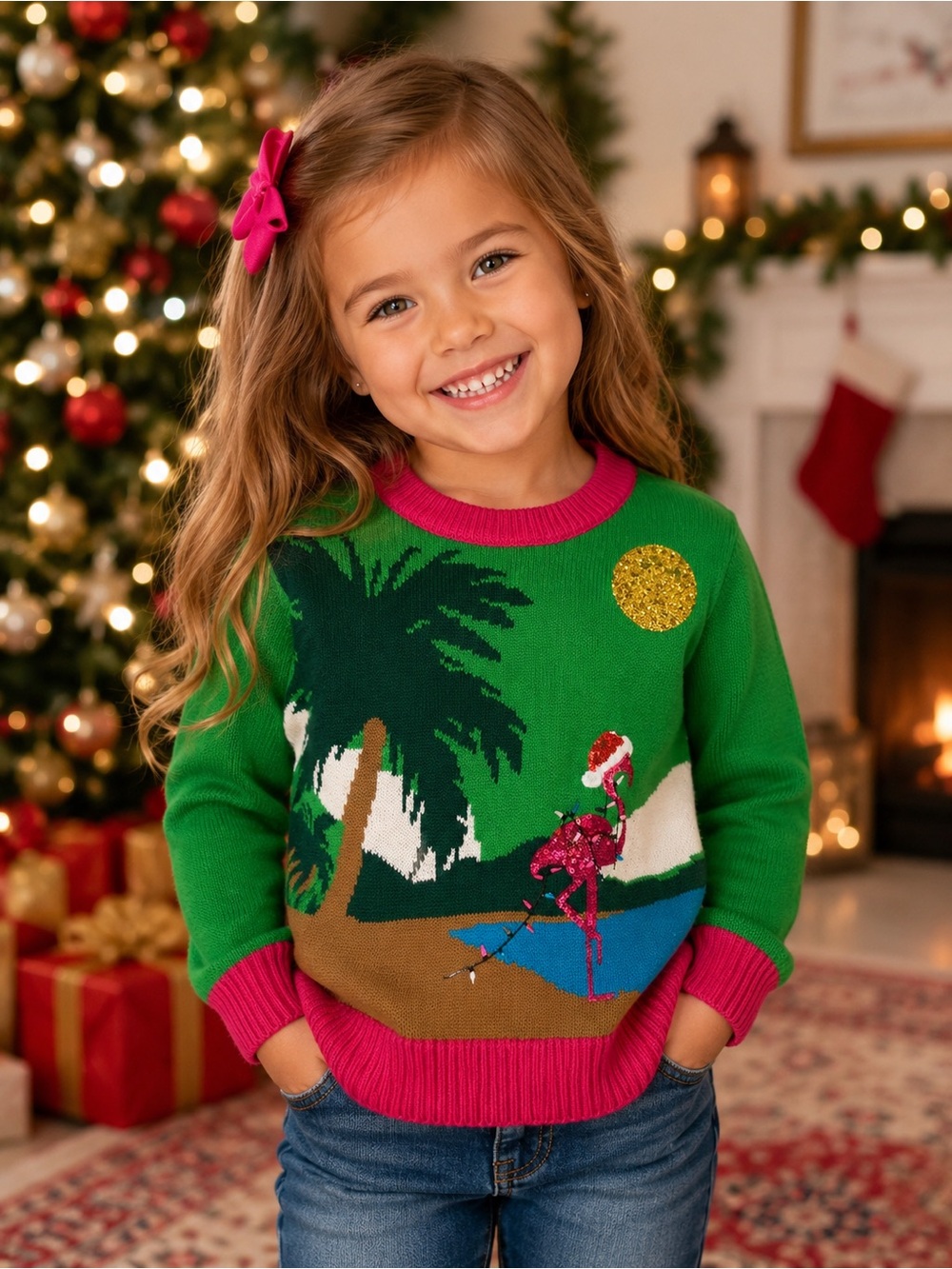 Vintage Poof Girls Small Christmas Flamingo Palm Tree Sequin Sweater Green Pink